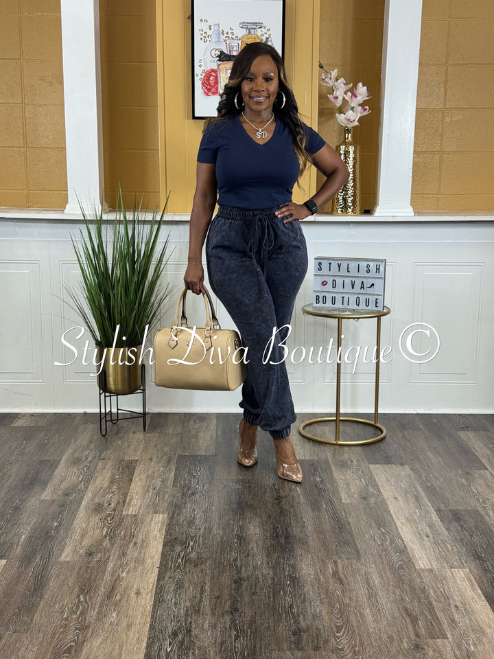 Kerrilyn Acid Wash Jogger Set (Navy)