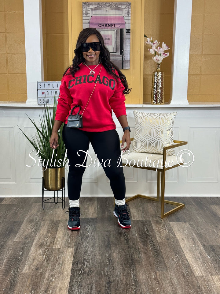 Chicago Oversized Sweatshirt & Leggings 3pc Set (Red Top w/ Red & Black Leggings)