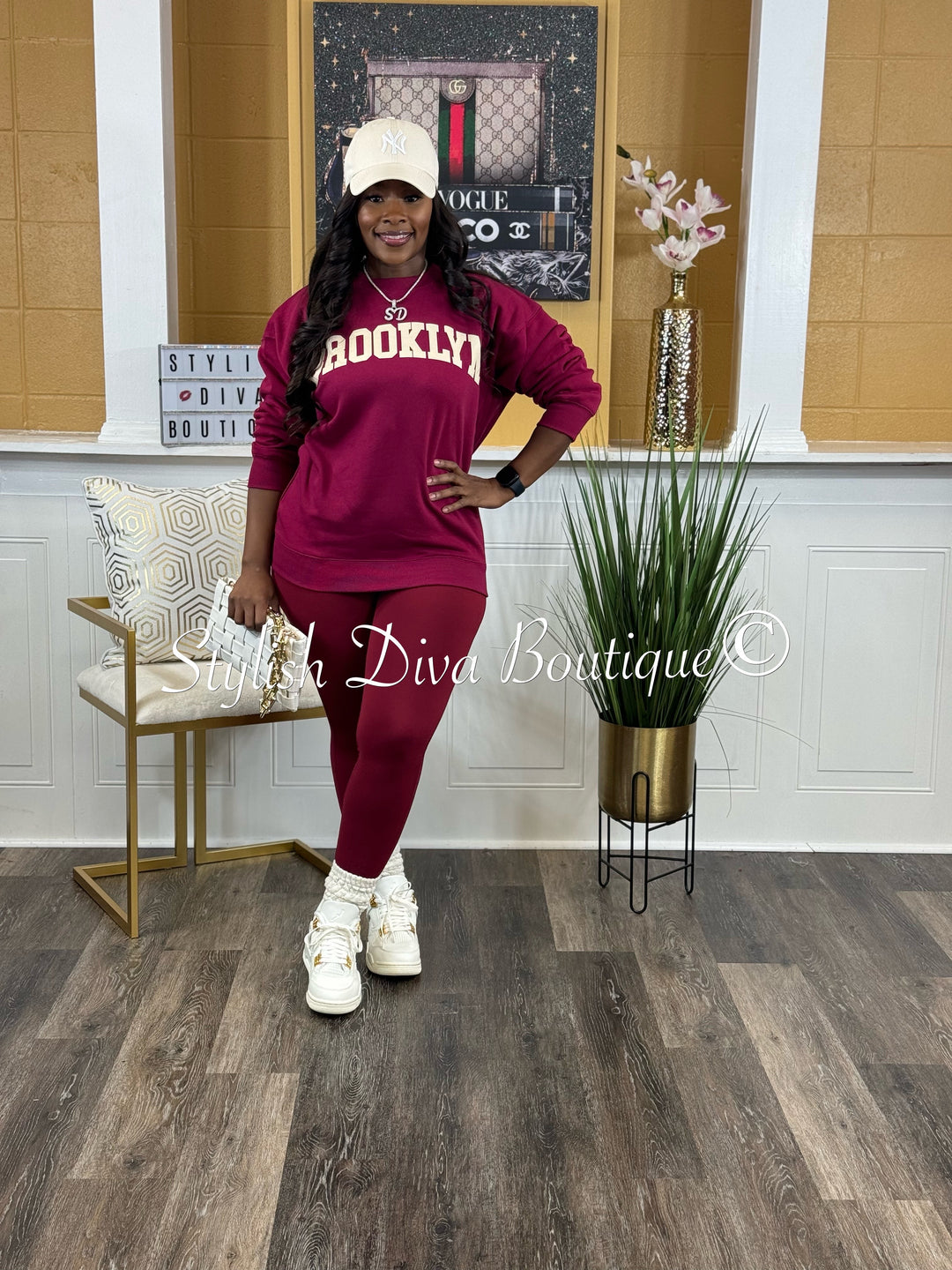 Brooklyn Oversized Sweatshirt & Leggings Set (Cabernet & Cream)