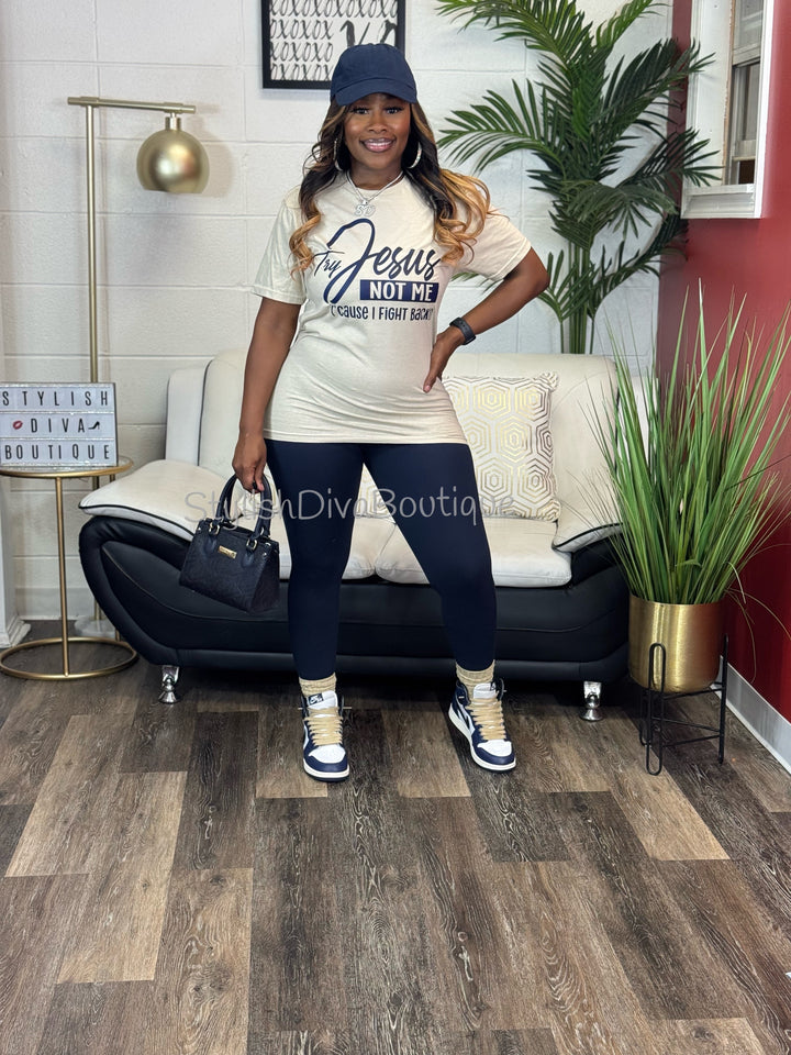 Try Jesus Not Me T-shirt (Sand Shirt/Dark Navy Print)