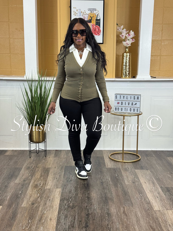 Stylish Snap Button L/S Cardigan (Olive)