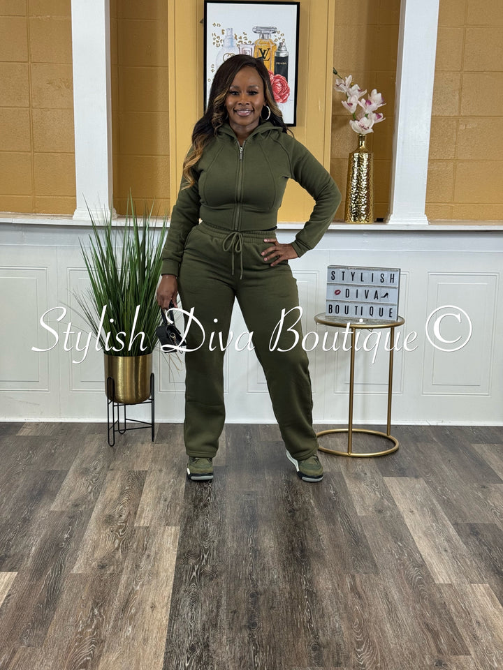 Comfort Mode Zip Hoodie Fleece Set (Army Green)