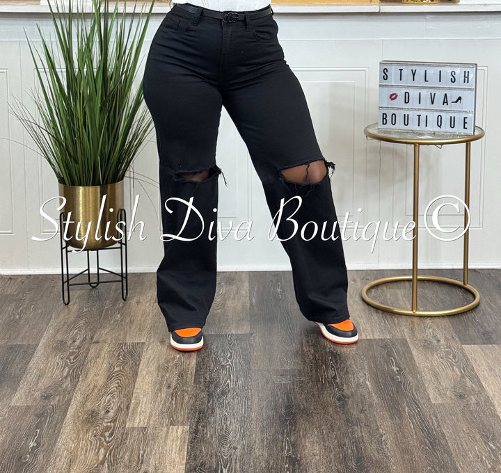 London Straight Leg Distressed Jeans (Black)