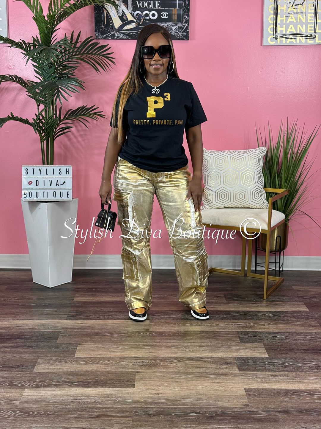 Gold Feelings Metallic Cargo Pants (White/Gold Foil)