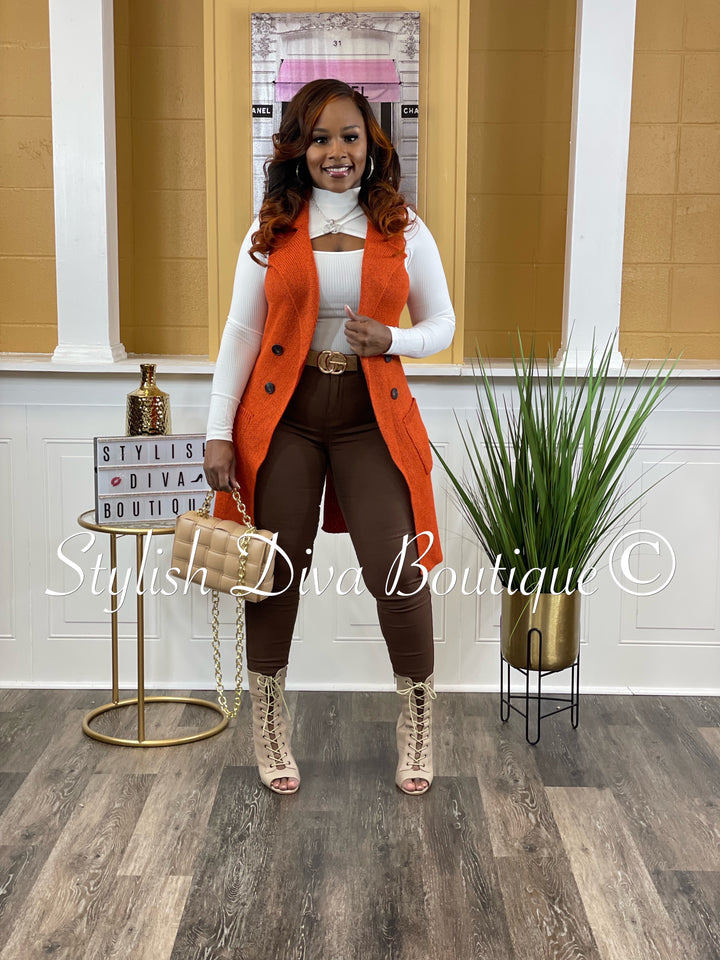 Classy Girl Cardigan Vest (Rust Orange)