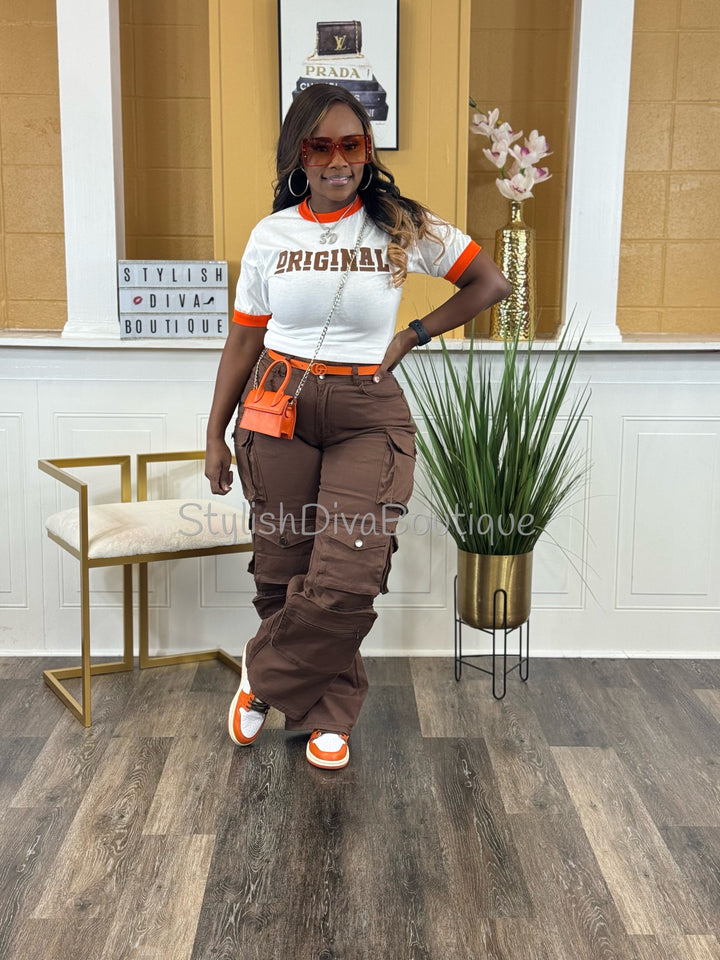 ORIGINAL Ringer Tee (White/Orange) (Brown Print)