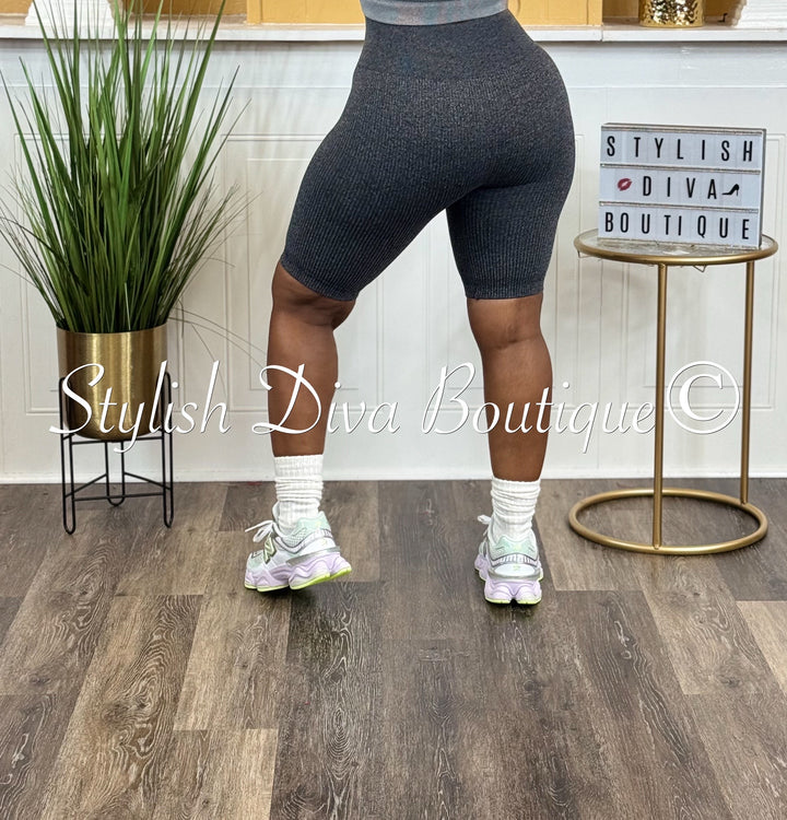 Seamless Ribbed High Waist Biker Shorts (Charcoal Grey)