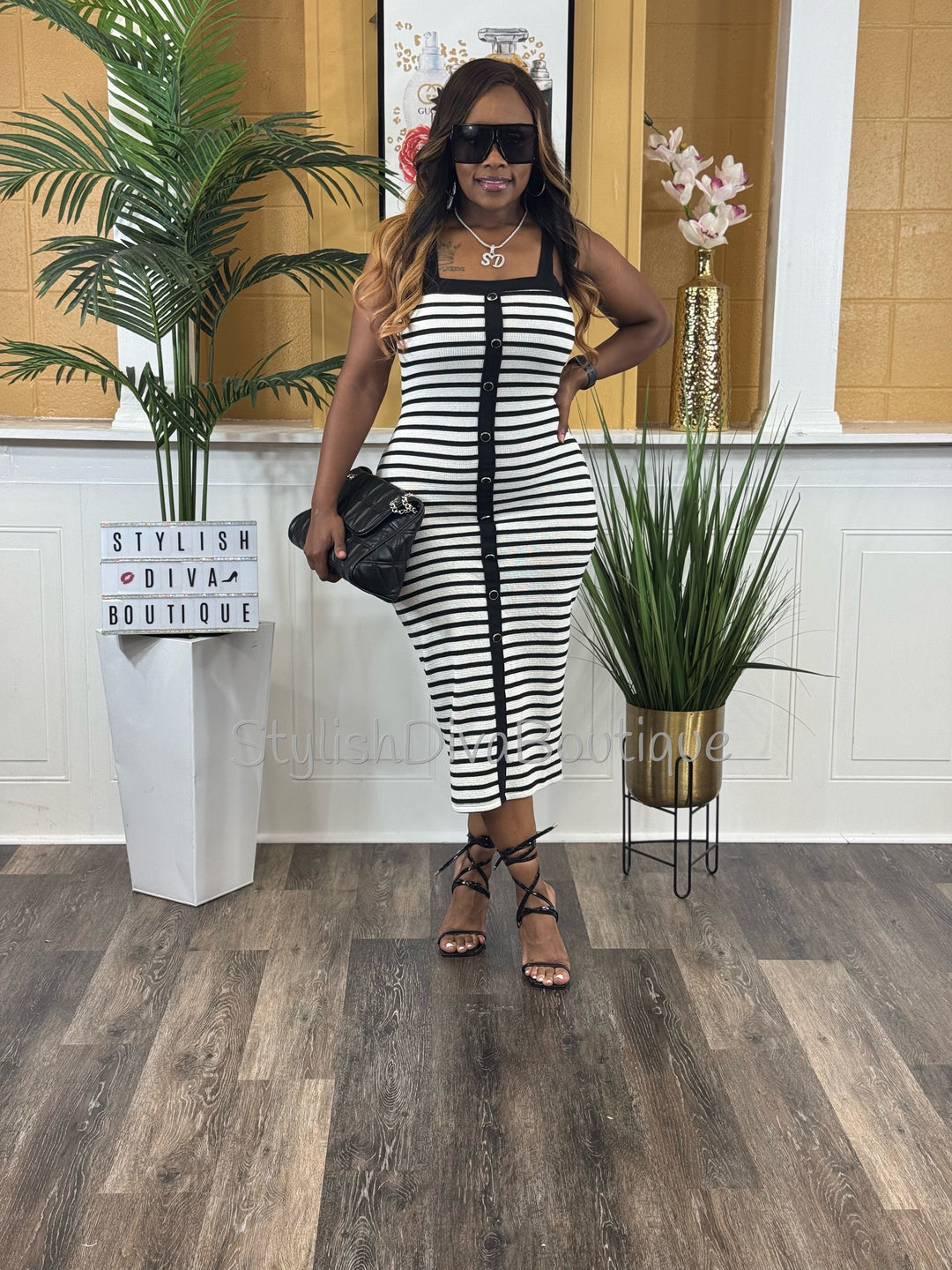 Milan Striped Midi Dress (White/Black) Milan Striped Midi Dress (White/Black)