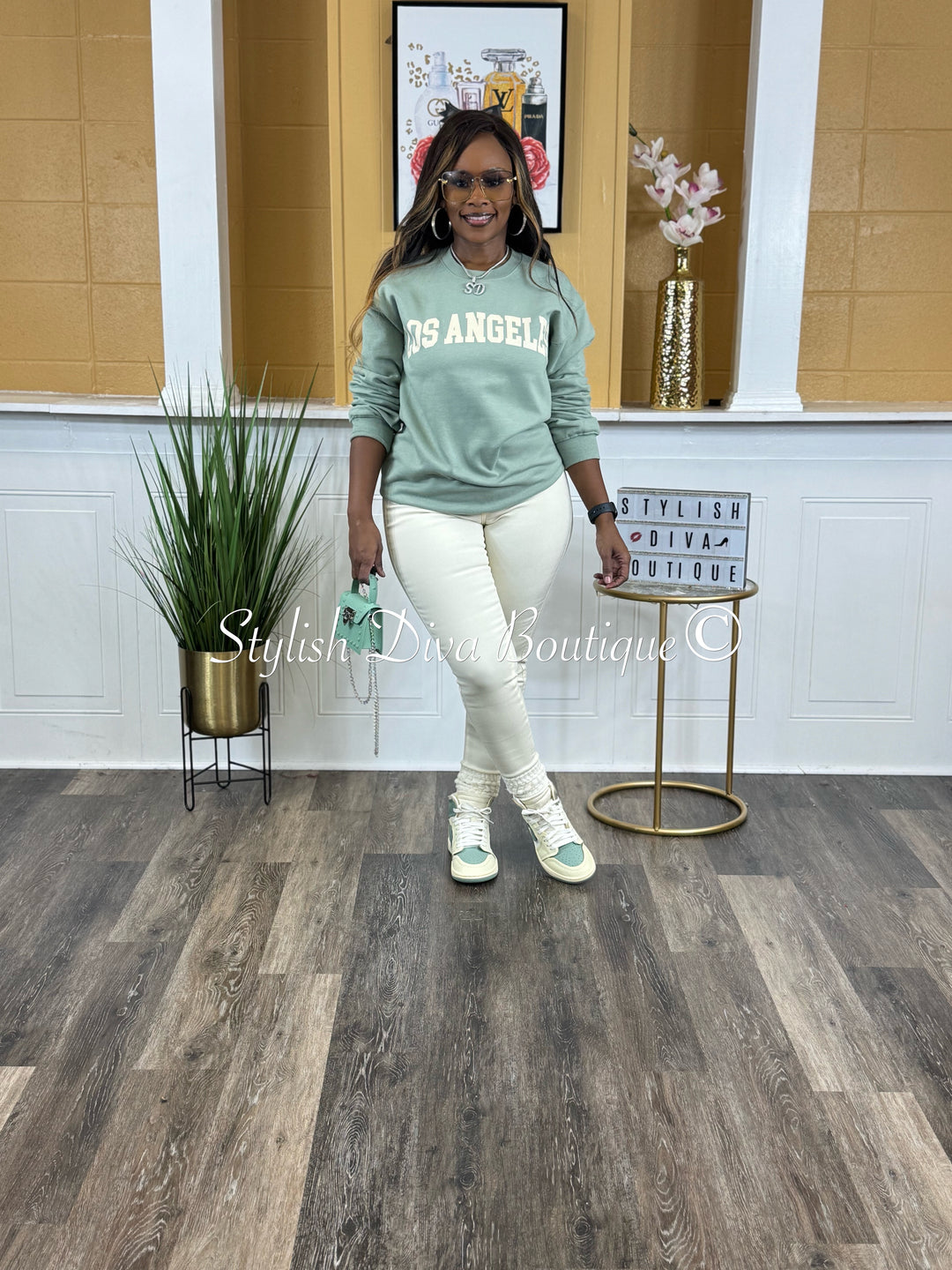 Los Angeles Sweatshirt Only up to 3XL (Sage/Cream Print)