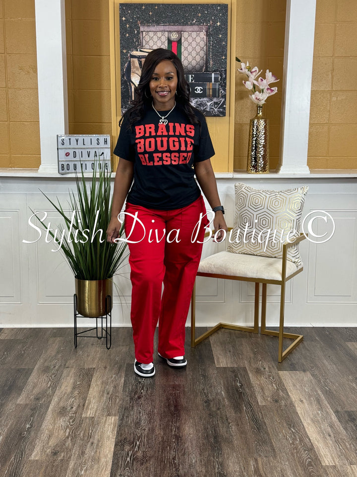 Brains Bougie Blessed T-Shirt (Black Shirt/Red Print)