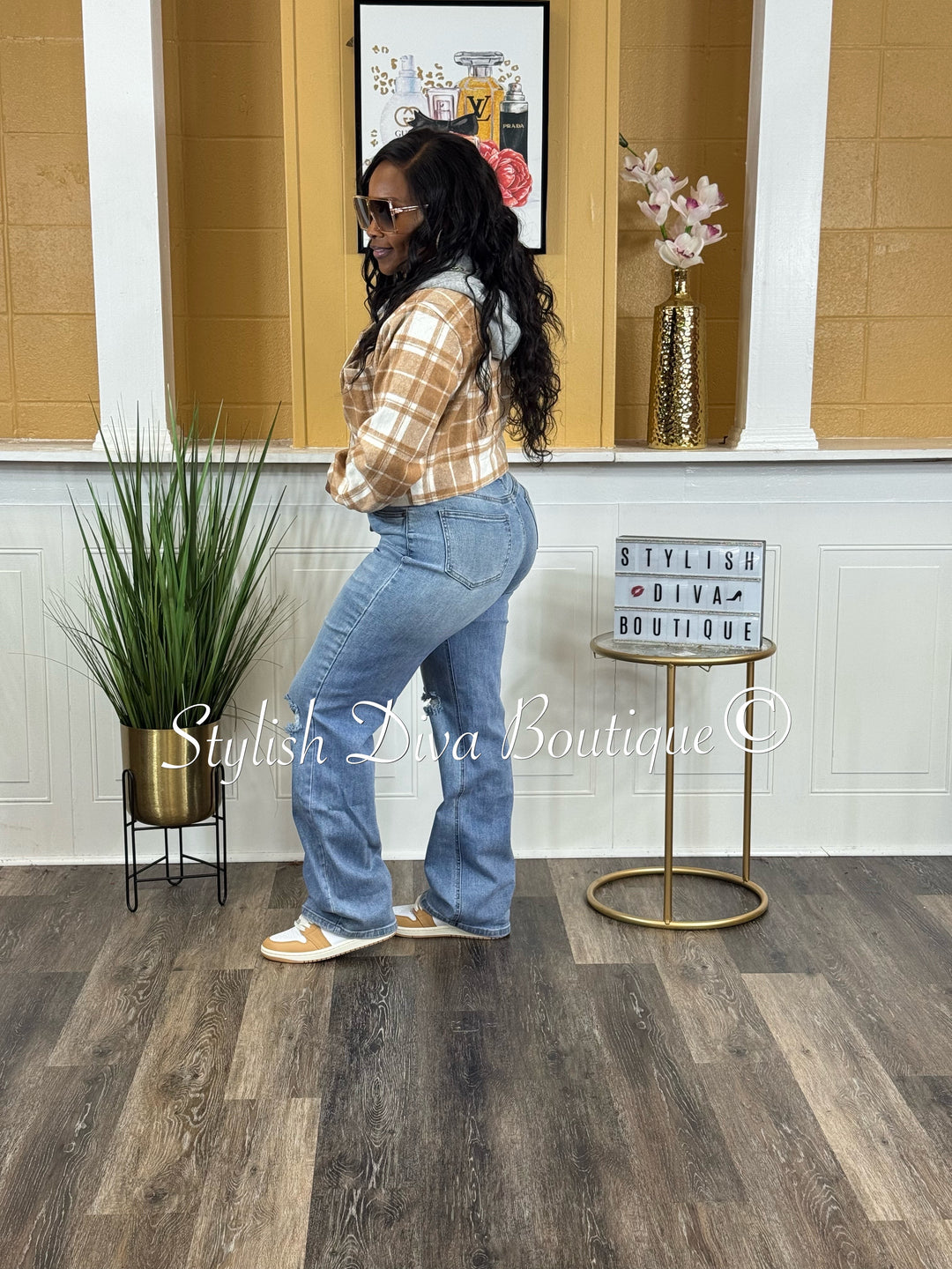 Maple Plaid Cropped Hoodie Jacket (Praline Brown/White)