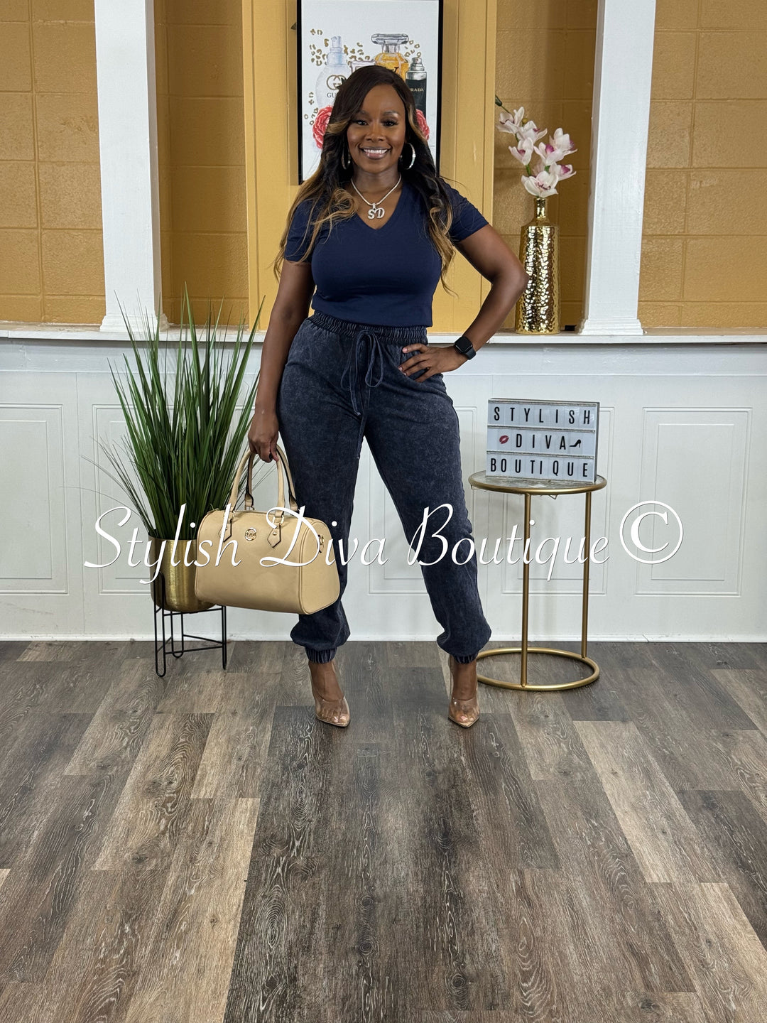 Kerrilyn Acid Wash Jogger Set (Navy)