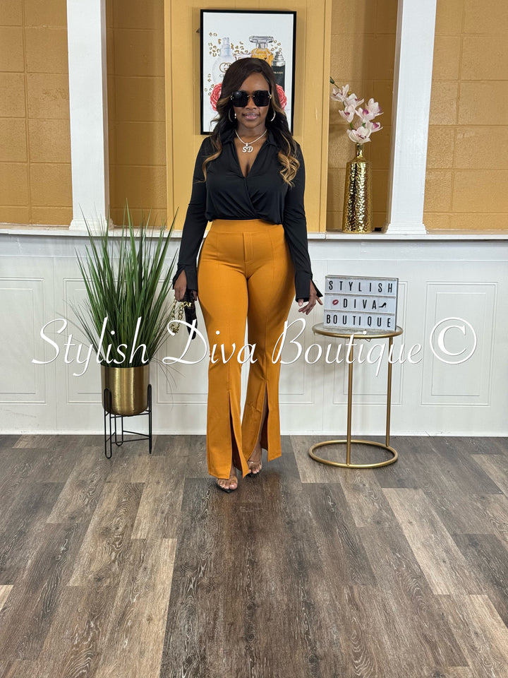 Split Front High Waist Flare Pants (Pumpkin Brown)