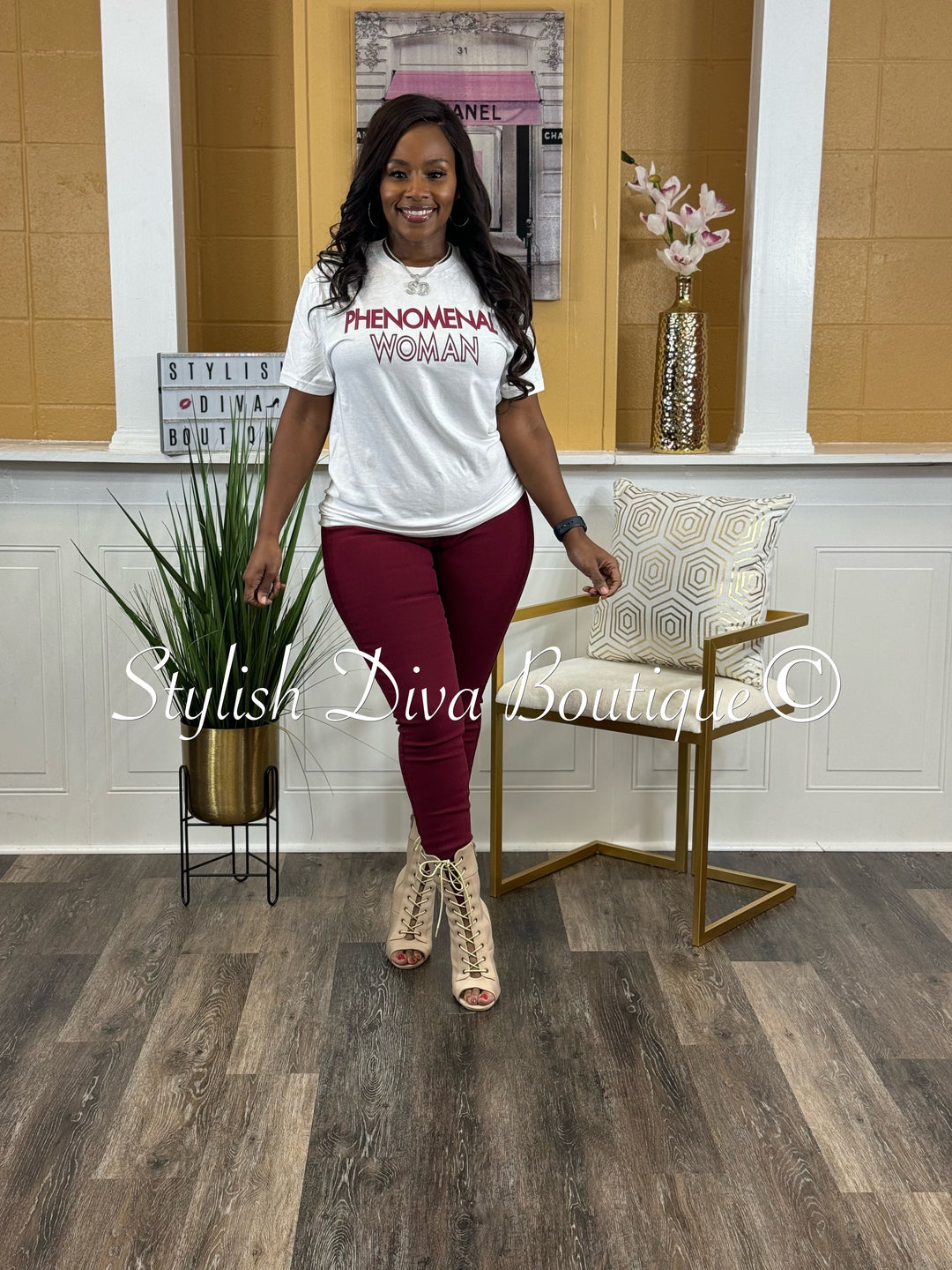 Phenomenal Woman T-Shirt (White Shirt/Garnet Print)