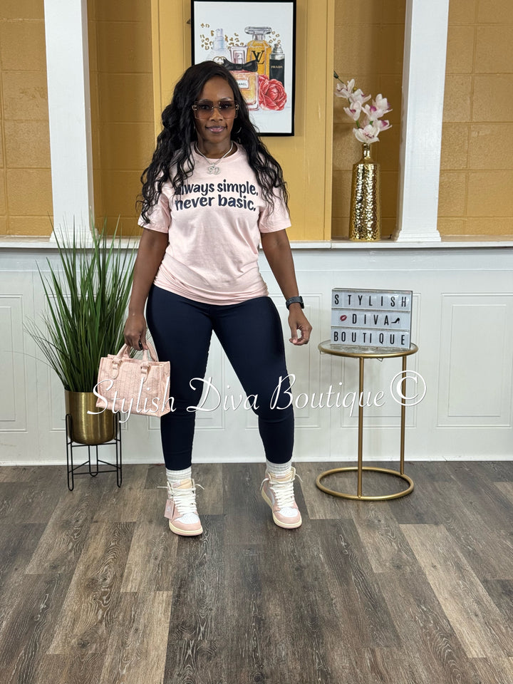always simple. never basic. T-shirt (Blush Pink Shirt/Dark Navy Print)