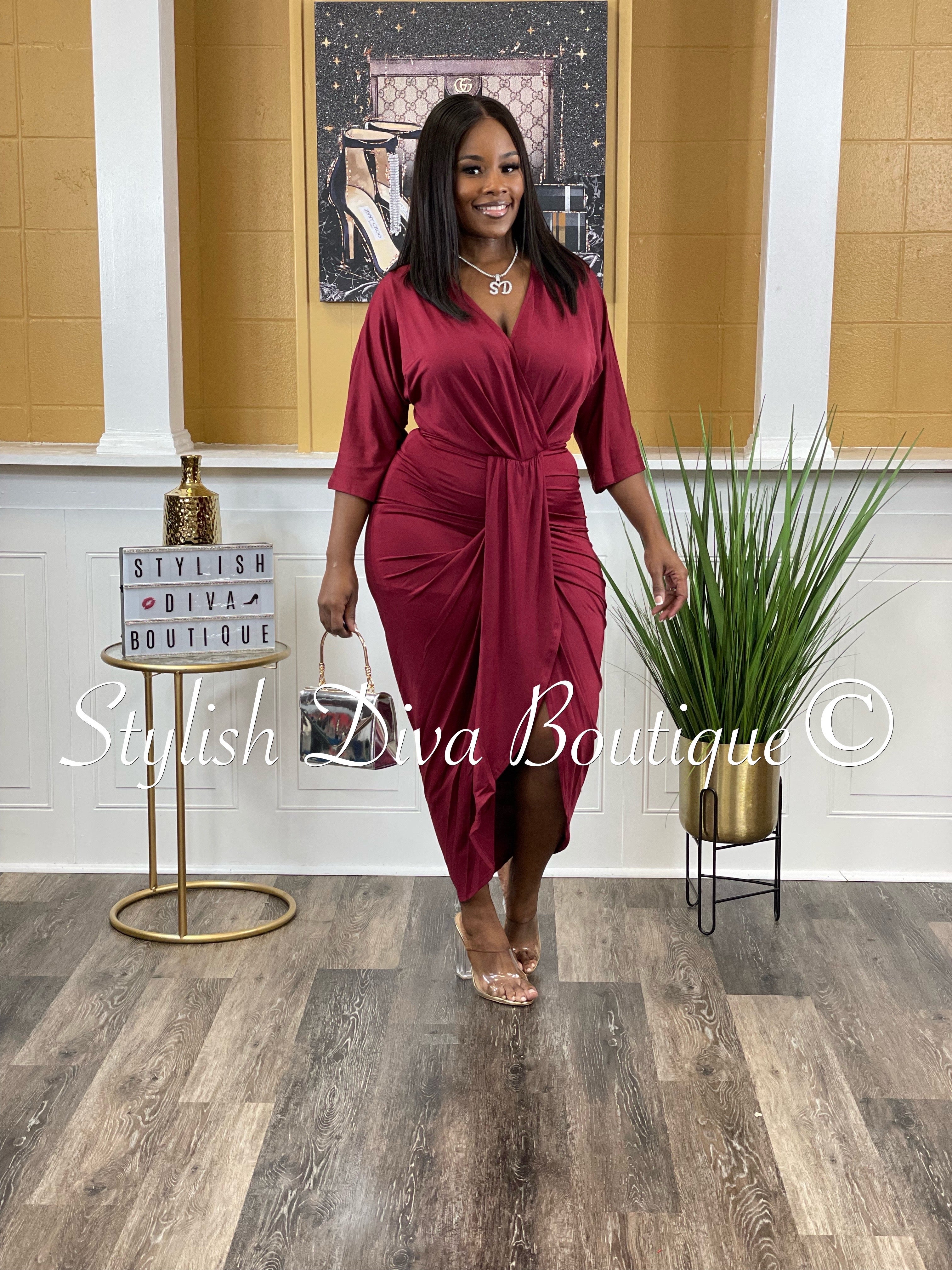 Chandler V Cut Ruched Midi Dress up to 3XL Burgundy Stylish