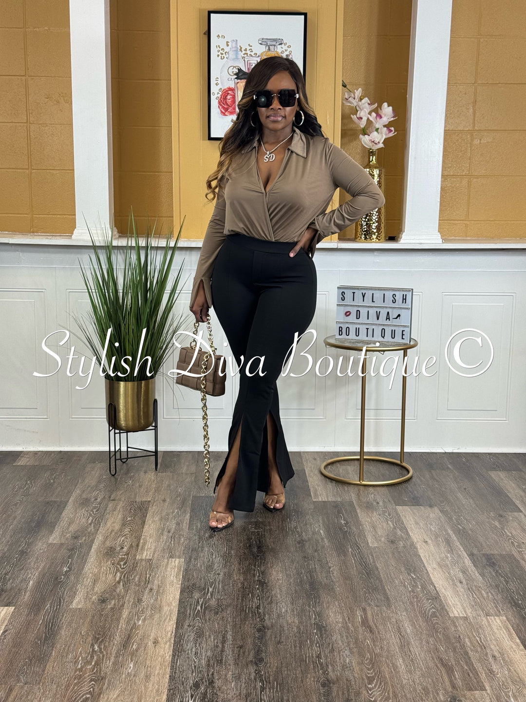 Split Front High Waist Flare Pants (Black)