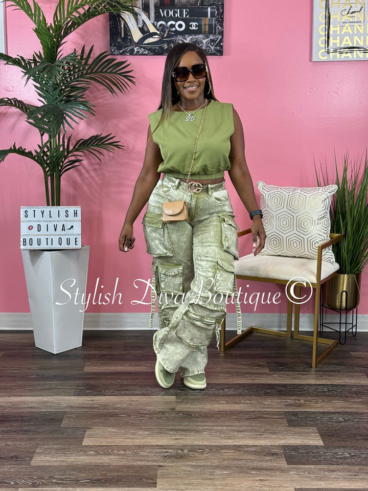 Nicki Acid Wash Cargo Pants (Sage)