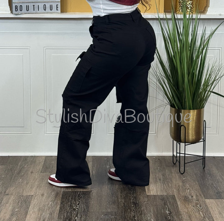 Icon Distressed Cargo Pants (Black)