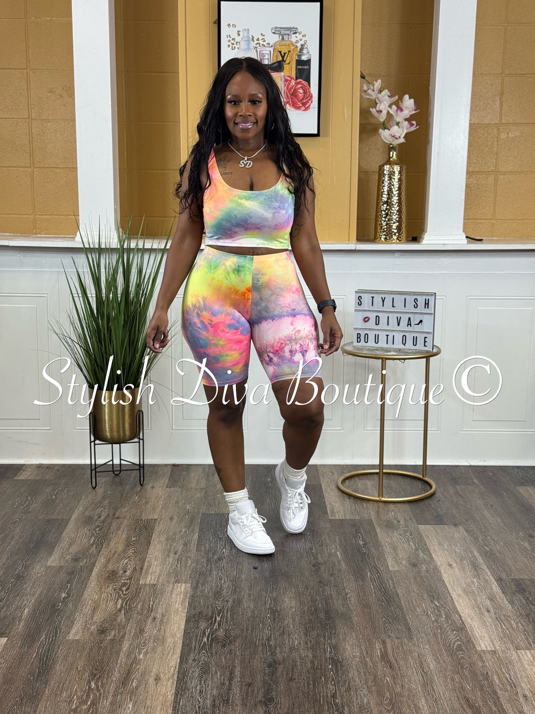 Tye Dye Sleeveless Cropped Biker Set (Rainbow)