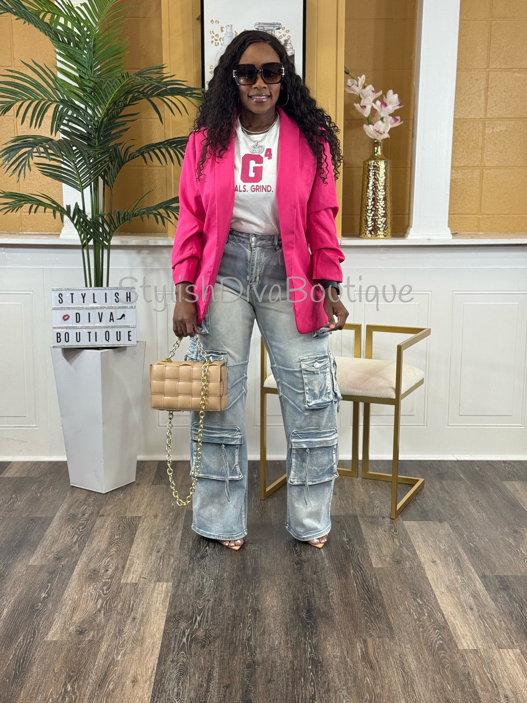 Back In Business Ruched Sleeve Blazer (Hot Pink)