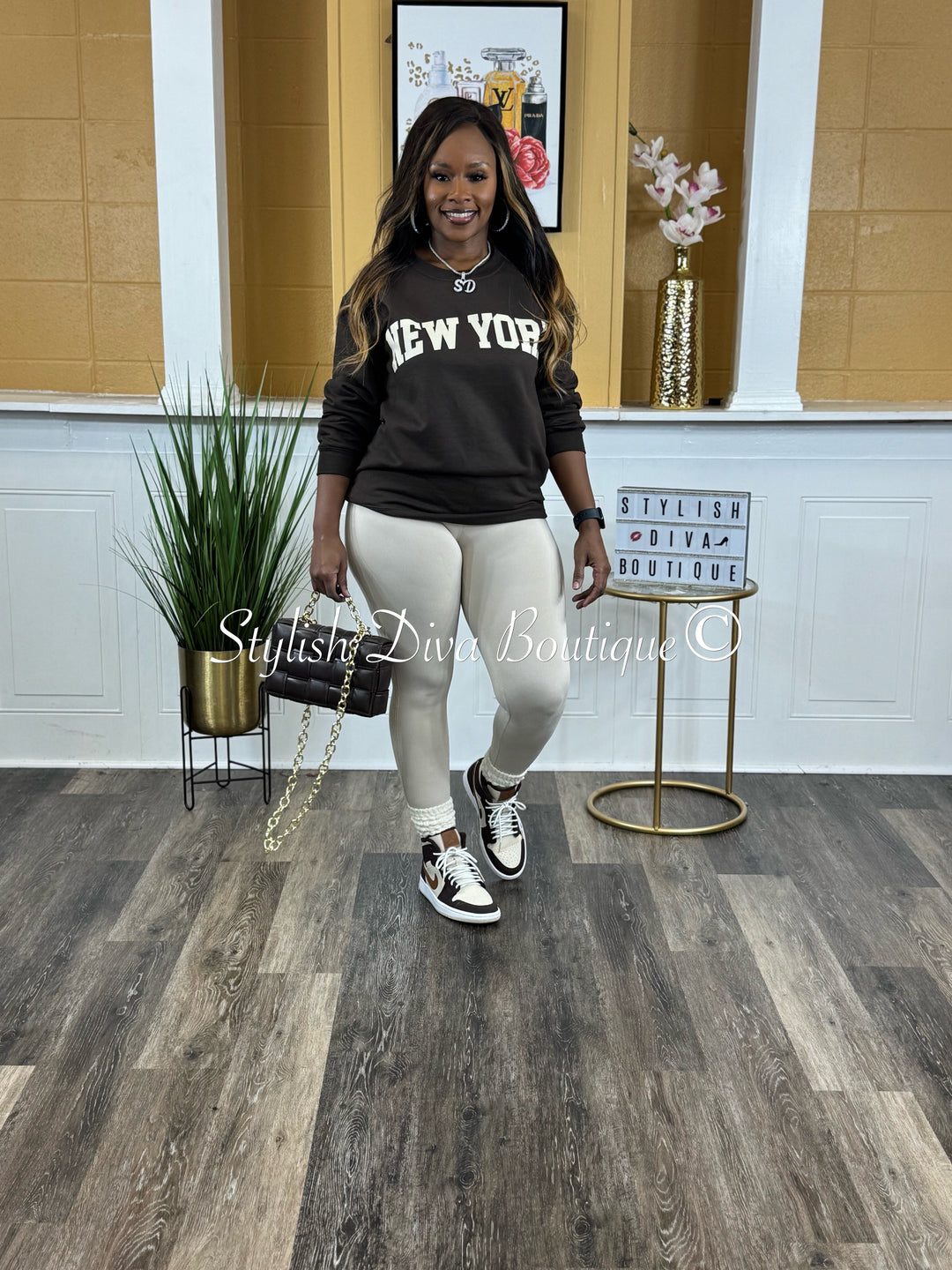 New York Sweatshirt Only up to 3XL (Chocolate/Cream Print)