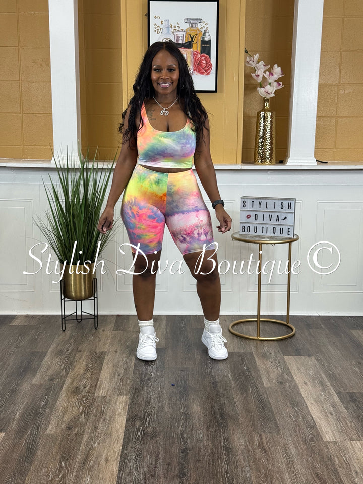 Tye Dye Sleeveless Cropped Biker Set (Rainbow)