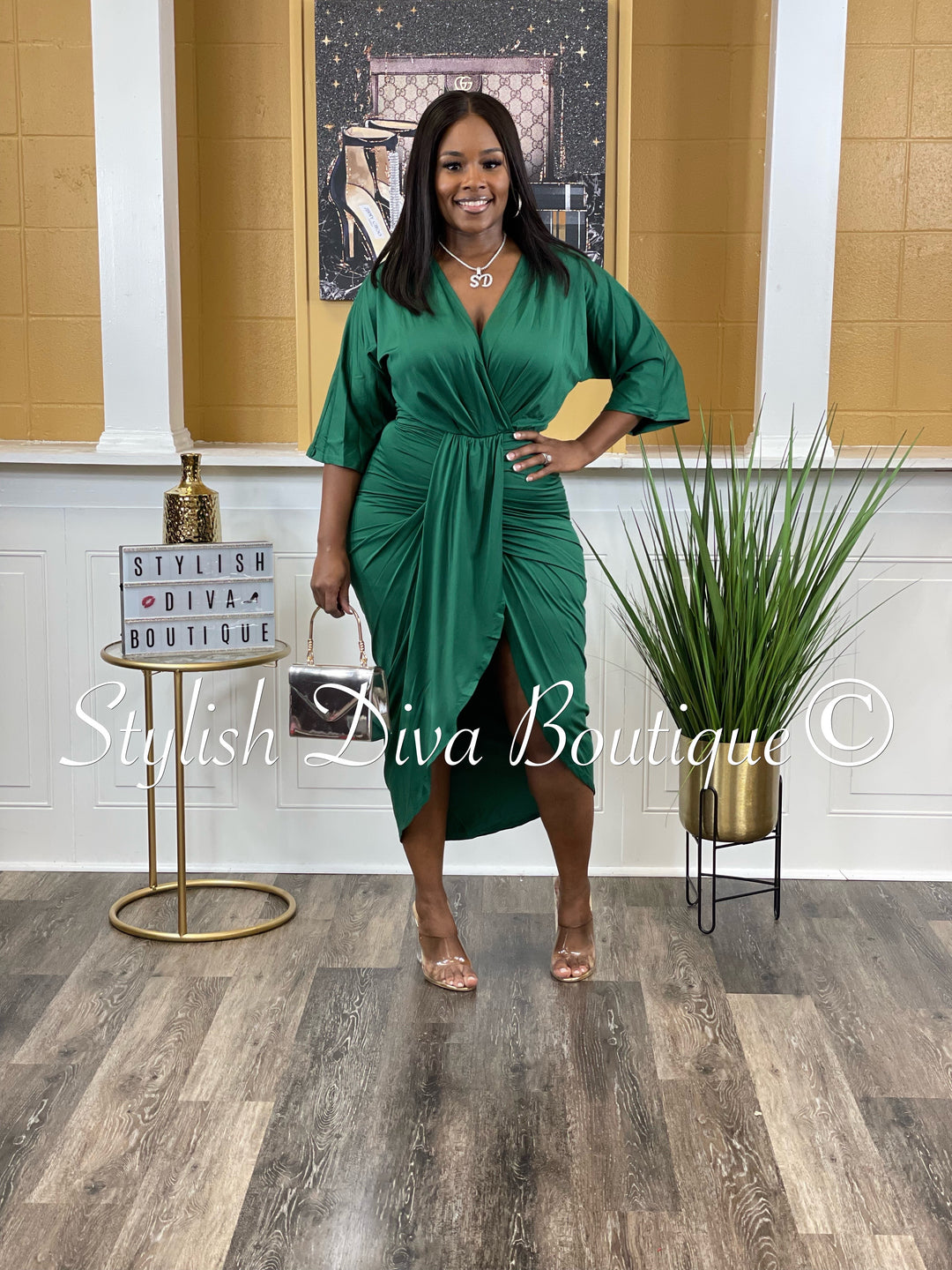 Chandler V Cut Ruched Midi Dress up to 3XL (Hunter Green) Chandler V Cut Ruched Midi Dress up to 3XL (Hunter Green)