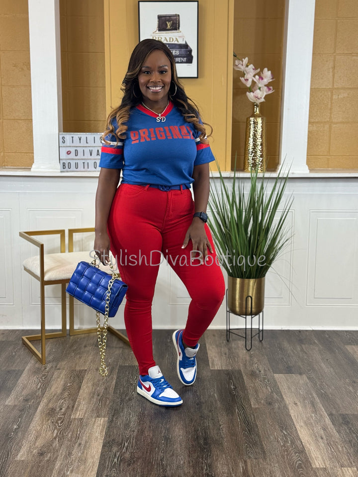 ORIGINAL Varsity Tee (Royal Blue/Red/White) (Red Print)