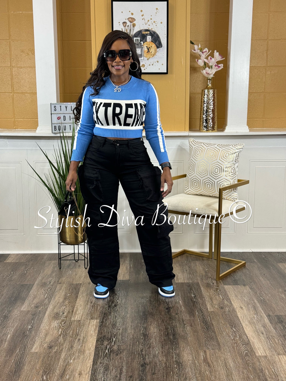 Extreme Knit Cropped Sweater (Carolina Blue/Black/White)