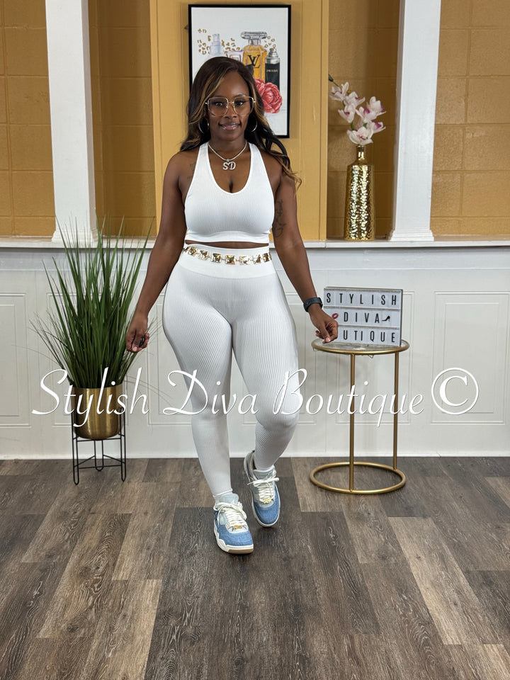 Seamless Ribbed High Waist Leggings (White)