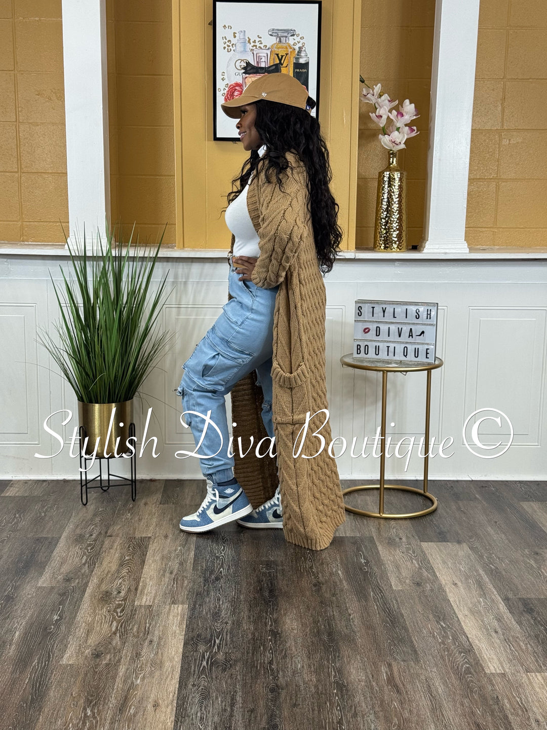 Kamala Long Cable Knit Cardigan (Khaki Brown)