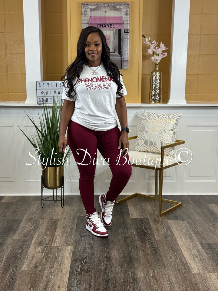 Phenomenal Woman T-Shirt (White Shirt/Garnet Print)