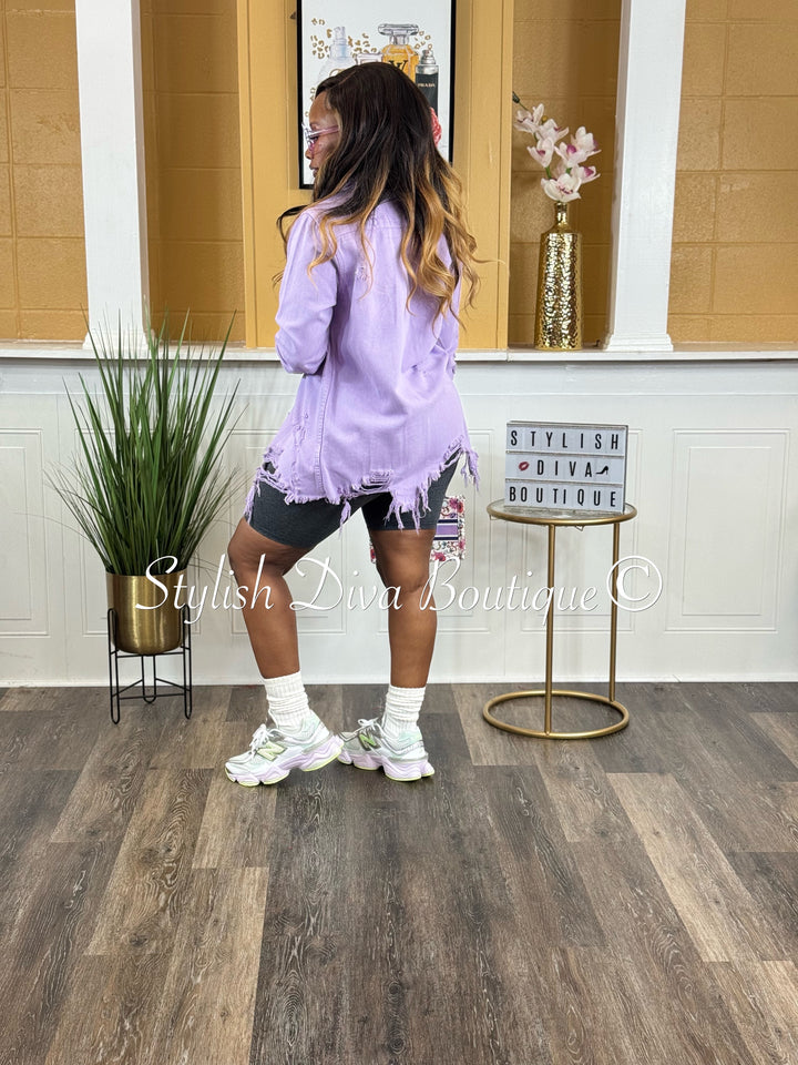 Hallie Distressed Denim Shacket (Lavender Denim)