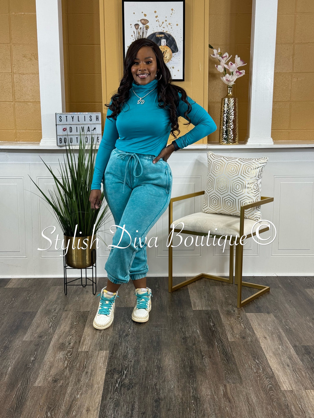 Kerri Acid Wash Mock Neck Jogger Set (Lt Teal)