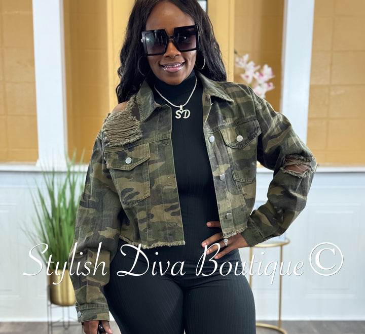 Destiny Distressed Cropped Denim Jacket (Camo Denim)