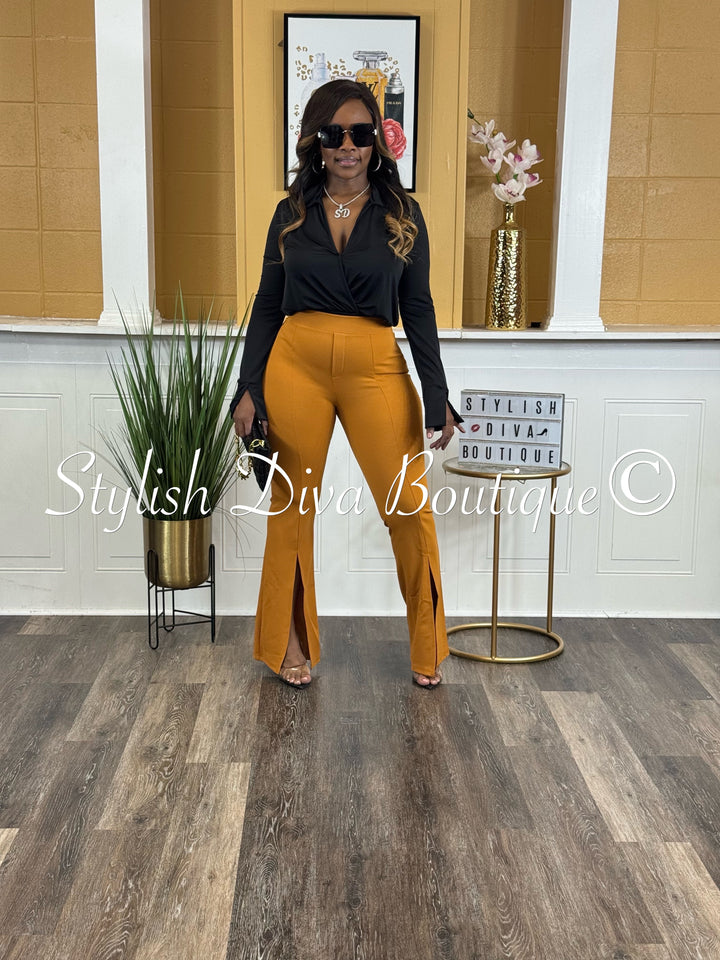 Split Front High Waist Flare Pants (Pumpkin Brown)