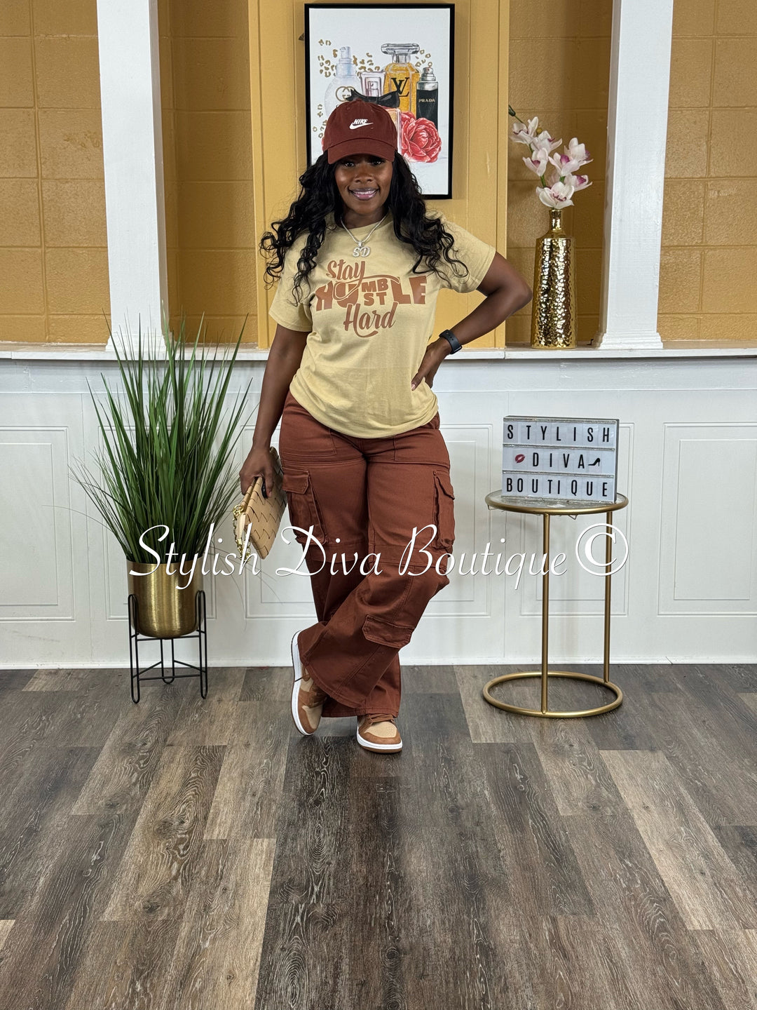 Stay Humble Hustle Hard T-Shirt (Tan Shirt/Brown Print)