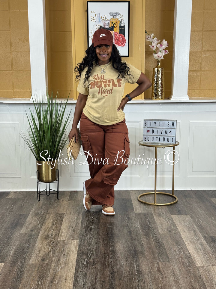 Stay Humble Hustle Hard T-Shirt (Tan Shirt/Brown Print)
