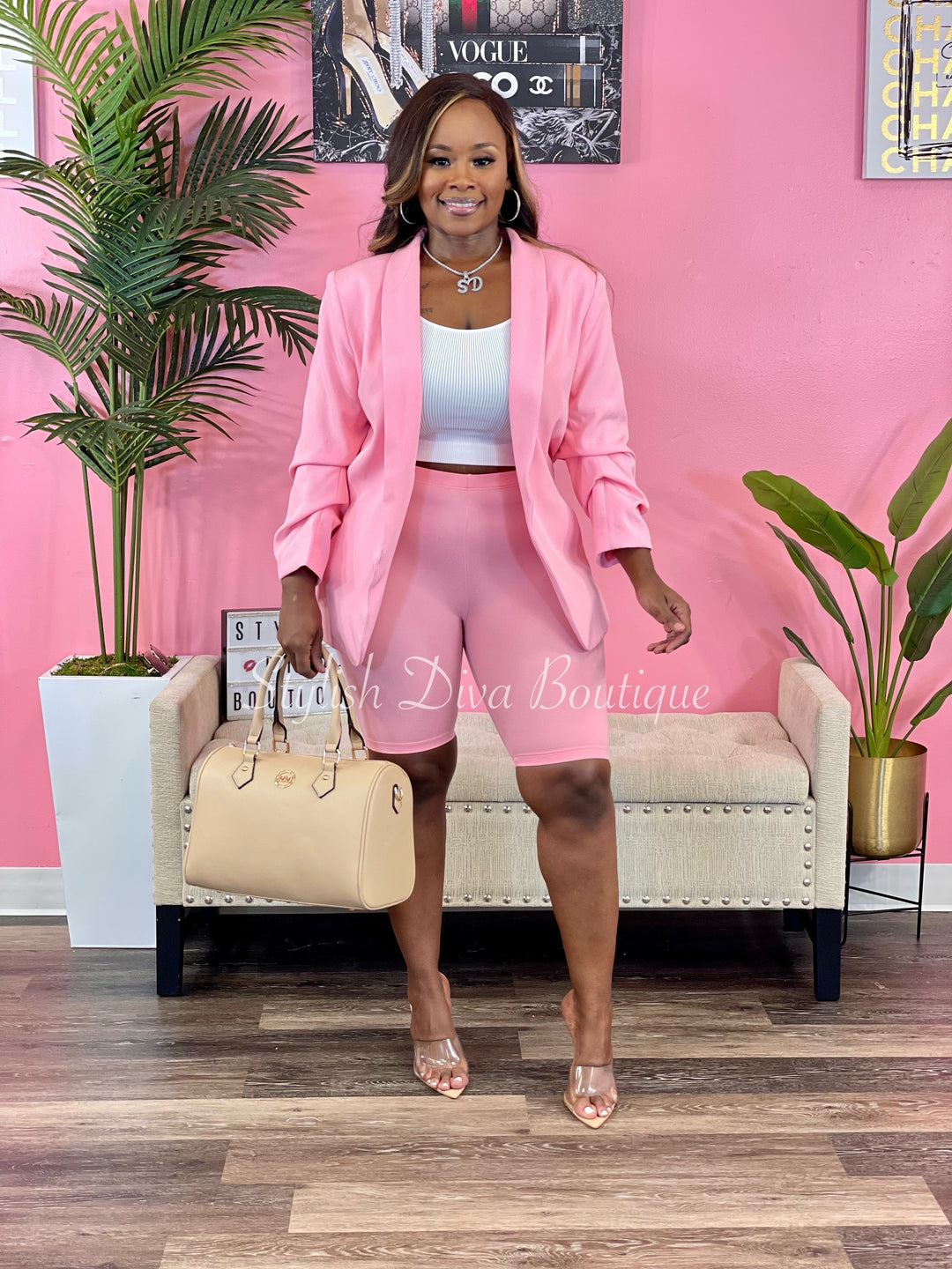 Back In Business Ruched Sleeve Blazer (Light Pink)