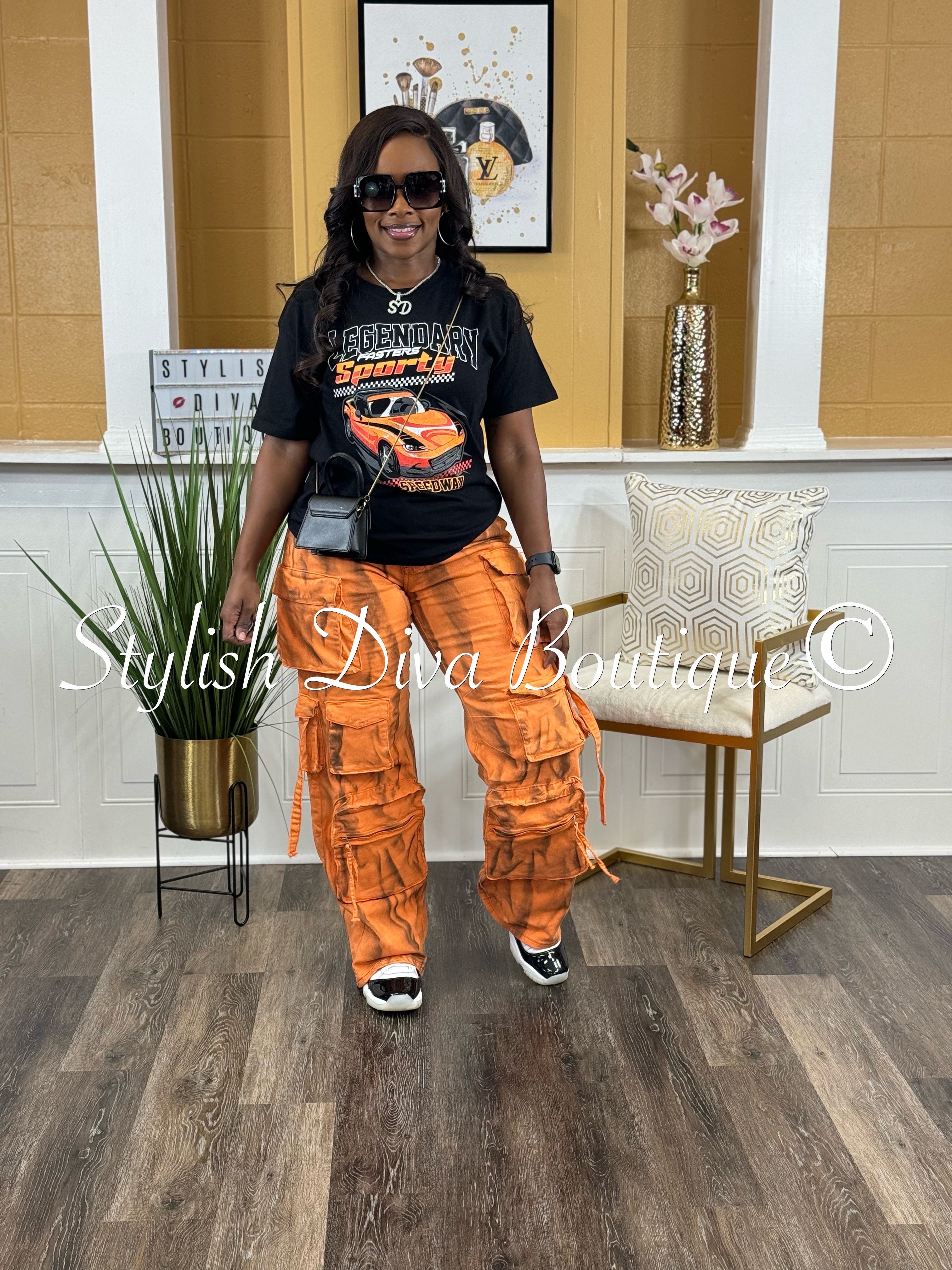 Best Kept Secret Sprayed Cargo Pants up to 3XL (Orange/Black