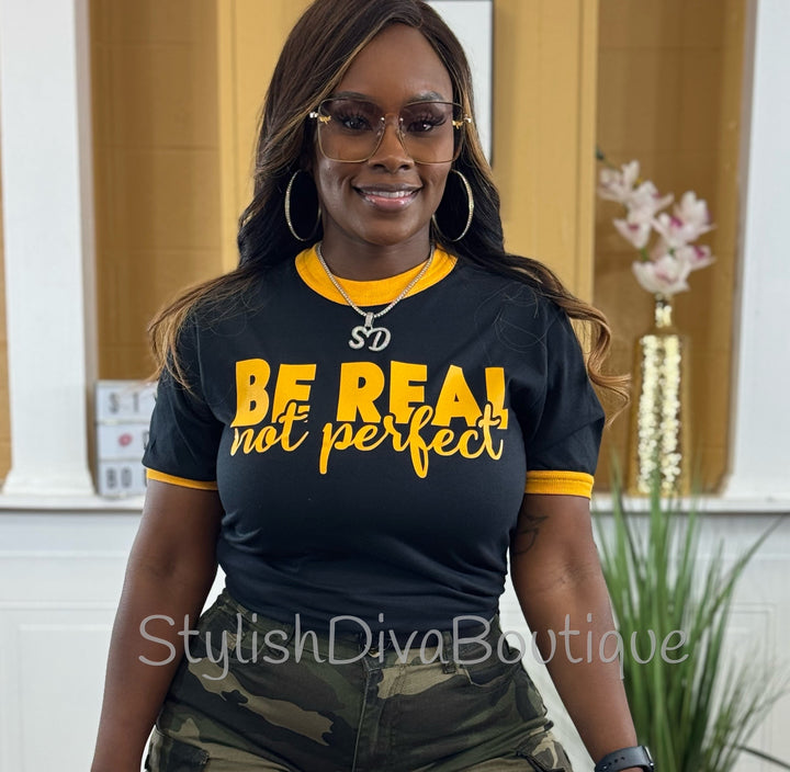 Be Real Statement Ringer Tee (Black/Gold)