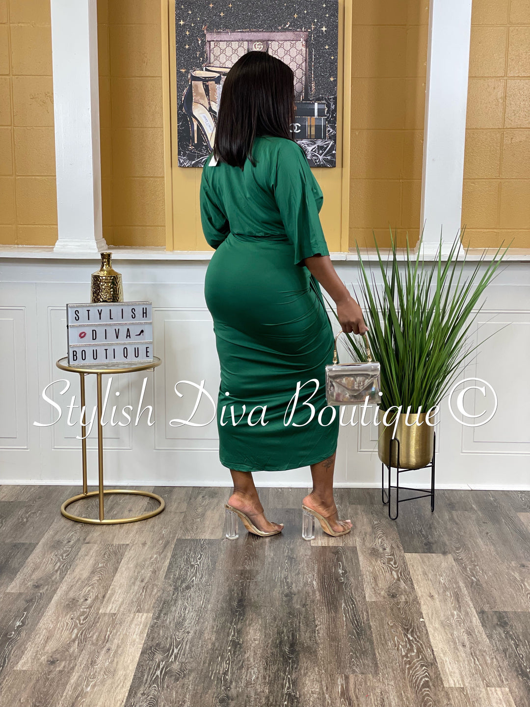 Chandler V Cut Ruched Midi Dress up to 3XL (Hunter Green) Chandler V Cut Ruched Midi Dress up to 3XL (Hunter Green)