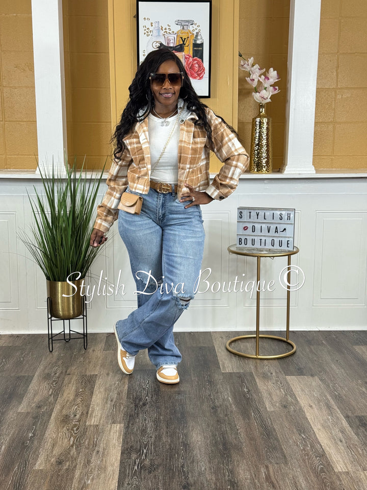 Maple Plaid Cropped Hoodie Jacket (Praline Brown/White)