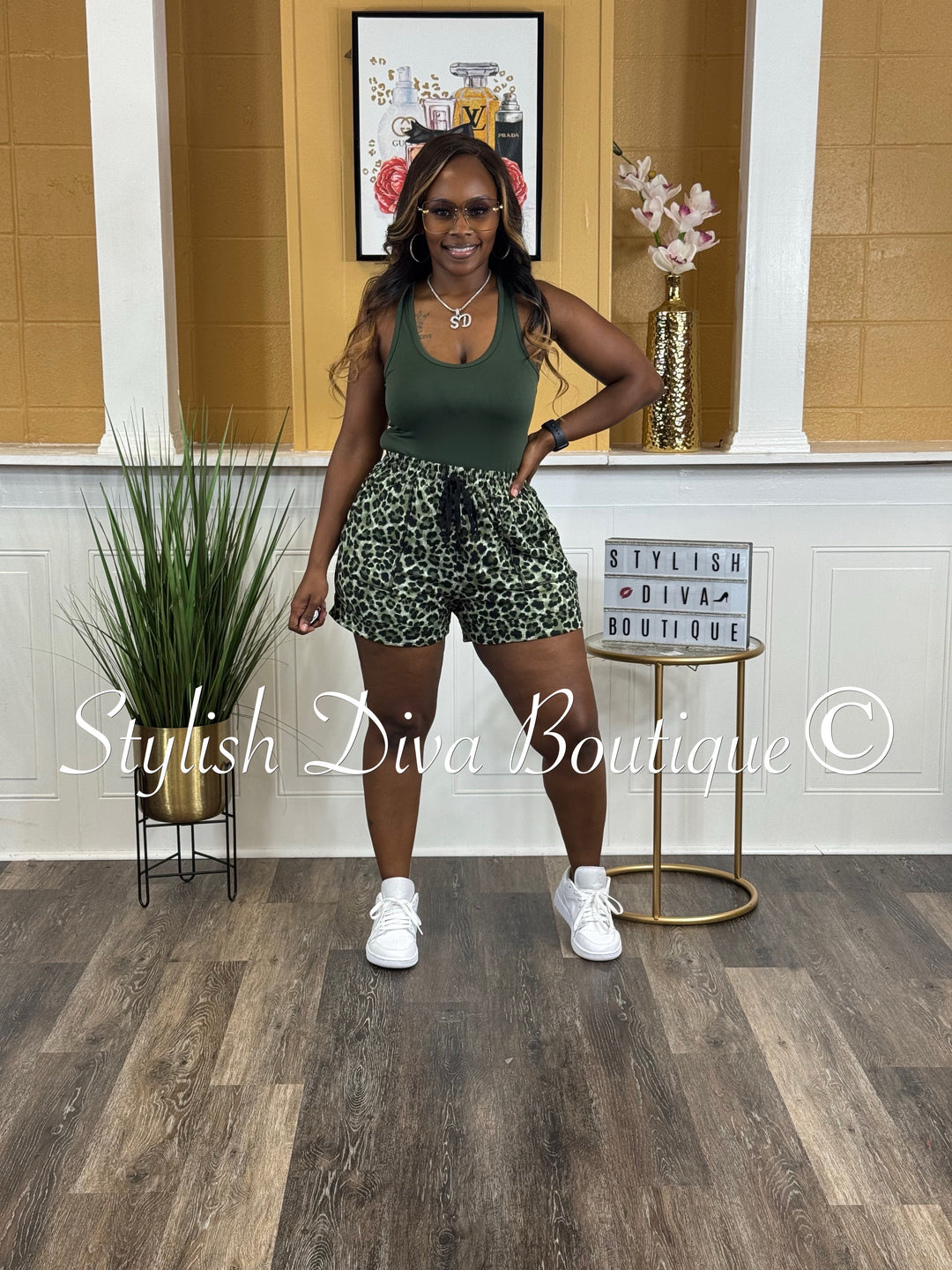 Wildly Cute Leopard Short Set (Army Green/Green Leopard)
