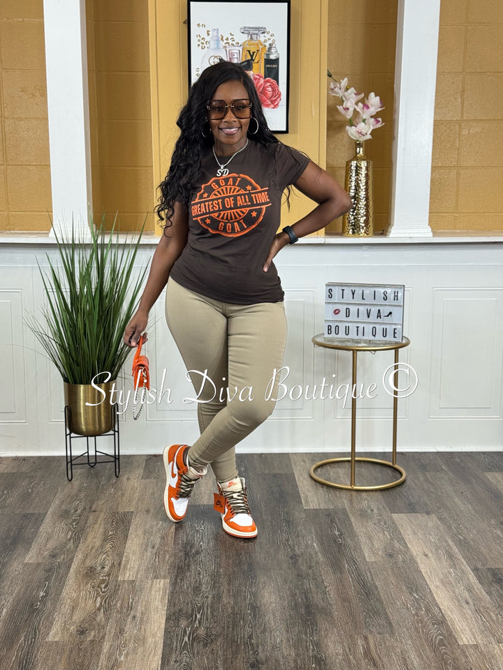 GOAT Stamped (Dark Brown Shirt/Deep Orange Print)