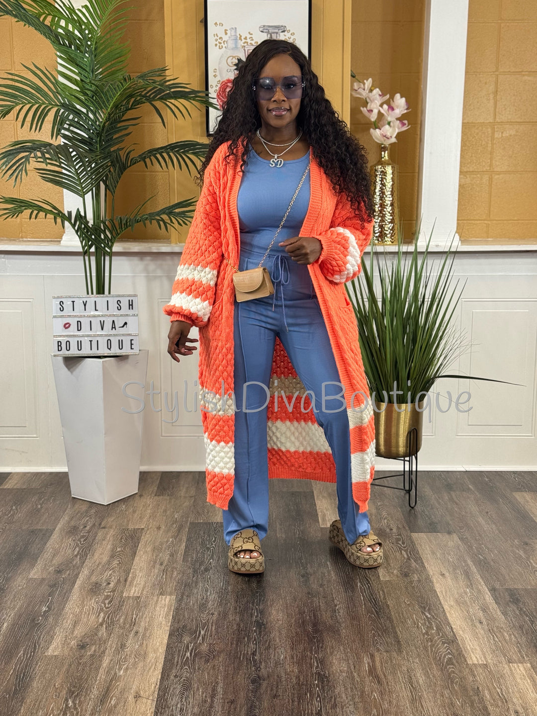 Sharlotte Colorblock Long Knit Cardigan (Bright Orange/Cream)