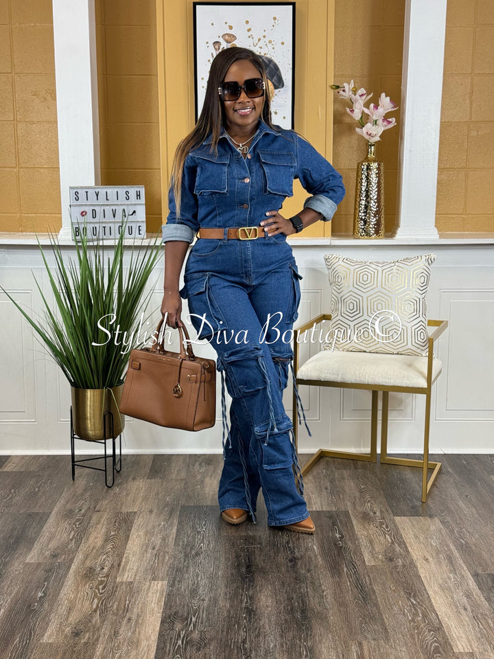 Zena L/S Cargo Denim Jumpsuit up to 3XL (Medium Wash)