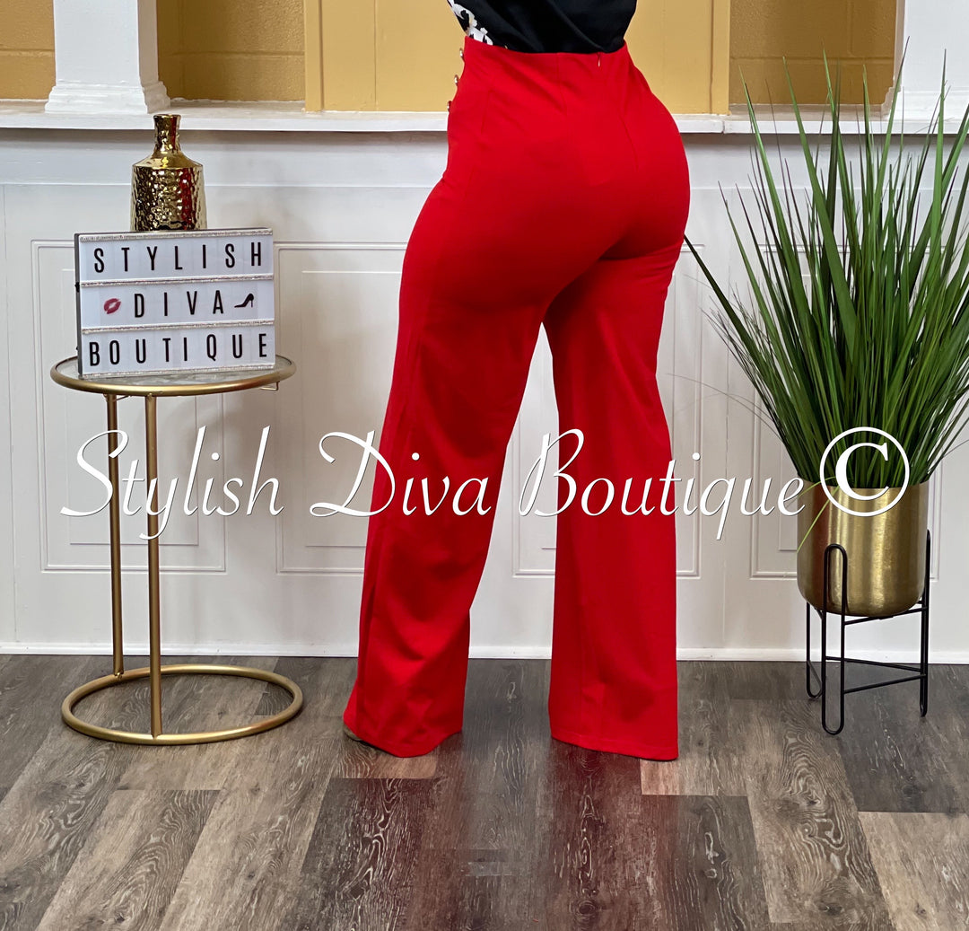 Olivia Gold Button High Waist Pants (Red) – Stylish Diva Boutique