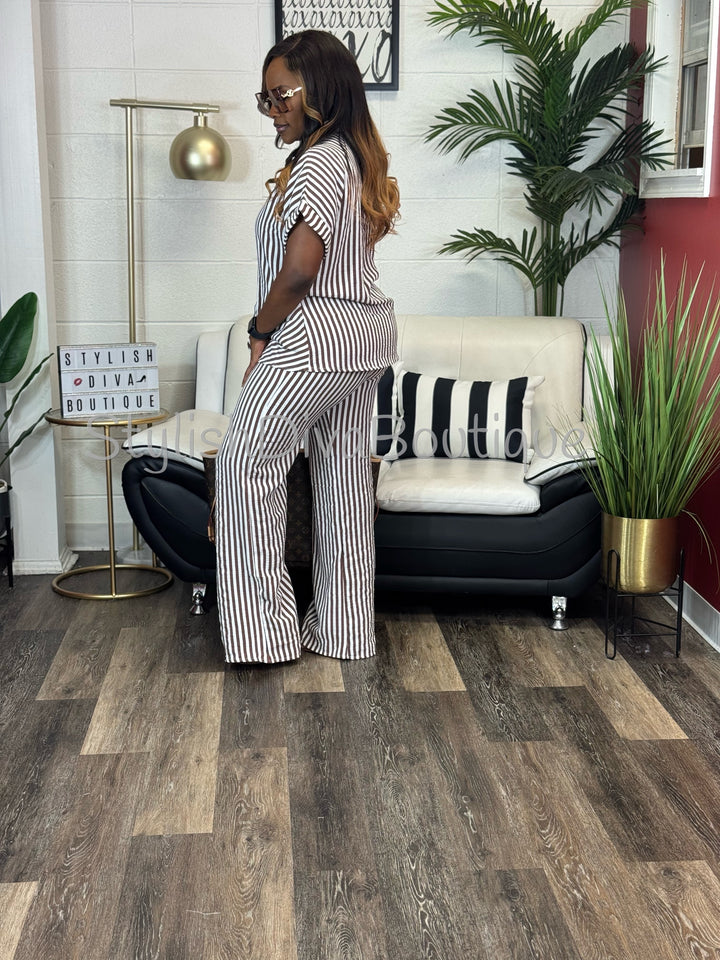 Coastal Diva Pants Set (Brown/White)